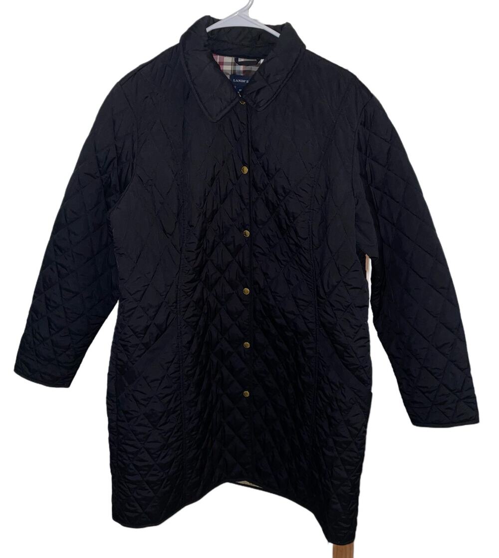 Lands End Black Quilted Longline Button-Down Coat Size XL (18-20)